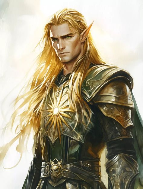 Sun Cleric Character Art, Dnd Cleric Male, Fantasy Elf Art, Paladin Character Art, Half Elf Male, Paladin Dnd, Long Golden Hair, Sun Elf, Elf Paladin