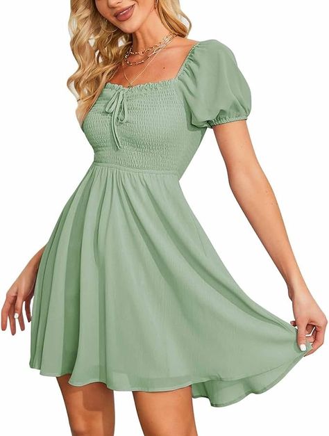 Byinns Women's Sweetheart Neckline Dress Smocked Sundress Puff Short Sleeve Drawstring Dresses Dark Blue at Amazon Women’s Clothing store Smocked Sundress, Home Dress Women, Spring Formal, Sweetheart Neckline Dress, Drawstring Dresses, Neckline Dress, Fairytale Dress, Dresses Pink, Easter Dress