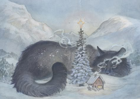 Yule Cat Art, Yule Art Winter Solstice, Yule Aesthetic Pagan, Christmas Animals Illustration, Winter Solstice Aesthetic, Yule Art, Animals In Art, Christmas Witch, Yule Cat