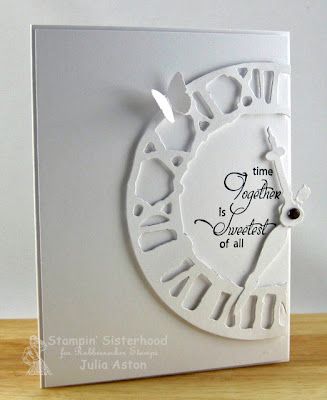 Weathered Clock die by Tim Holtz on my card - layering it on the white panel with foam tape Black And White Cards, Clock Card, Tim Holtz Cards, Engagement Card, White Cards, White On White, Die Cut Cards, Wedding Anniversary Cards, Butterfly Cards