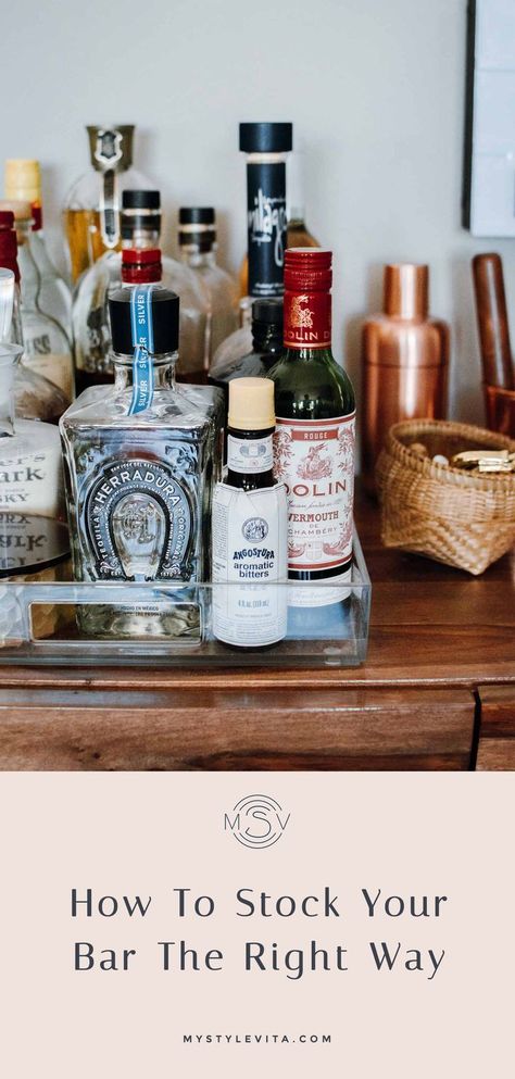 Tips on stocking your bar the right way - Bar cart essentials - My Style Vita #barcart #cocktails At Home Bar, Bar Cart Essentials, Home Bar Essentials, Johnny Walker, Cranberry Vodka, Gold Bar Cart, Bombay Sapphire, Aromatic Bitters, Easy Cocktail