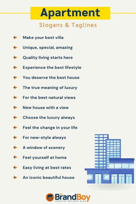 Apartment Slogans, Apartment Taglines Apartment Branding, Catchy Taglines, Housewarming Wishes, Real Estate Slogans, Apartment Marketing, Marketing Slogans, Business Slogans, Catchy Slogans, Cool Apartments