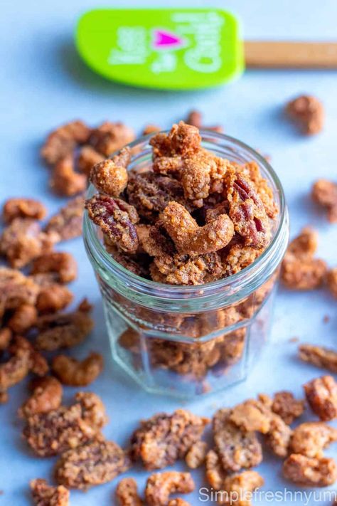 Cashews and Pecans tossed in cinnamon sugar & egg white mixture and roasted until crunchy to make this dangerously addictive candied cashews and pecans. Cinnamon Sugar Cashews, Cinnamon Cashews Recipe, Cinnamon Cashews, Candied Cashews, Frozen Sweet Potato Fries, Cashew Recipes, Oven Air Fryer, Cinnamon Nuts, Roasted Cashews