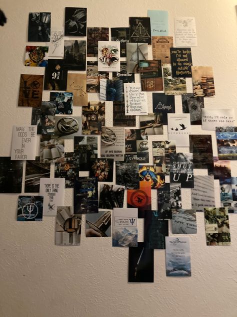 Percy Jackson Hunger Games, Game Bedroom Ideas, Harry Potter Percy Jackson, Collage Walls, Games Room Decor, Perseus Jackson, Polaroid Wall, Magazine Collage, Room Ideas Aesthetic