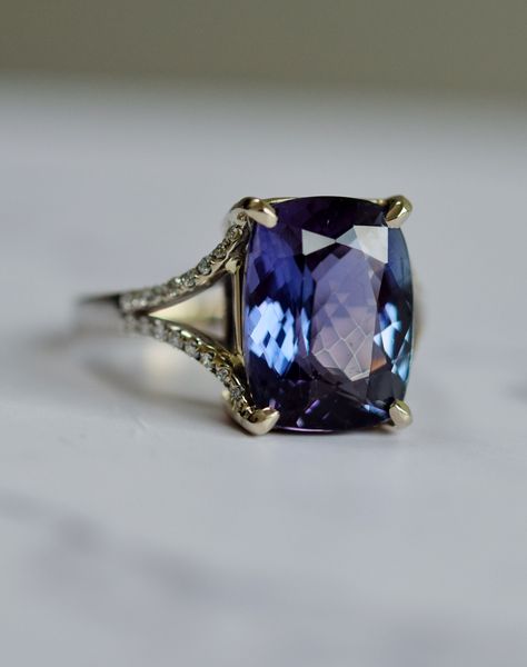 Blue purple Tanzanite Ring. White Gold Engagement Ring. Lavender Blue Tanzanite ring. Cushion split band engagement ring 14k rose gold. Tanzanite Aesthetic, Split Band Engagement Ring, Ornamental Elements, Purple Tanzanite, Wedding Woodland, Woodland Wonderland, Tanzanite Engagement Ring, Ring Cushion, Cushion Cut Ring