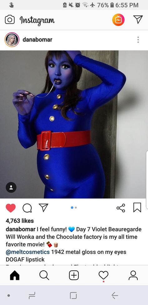 Blueberry Violet Beauregarde Willa Wonka Melt Cosmetics Pregnant Violet Costume, Diy Violet Costume Willy Wonka, Violet Beauregarde Costume Pregnant, Violet Beauregarde Makeup, Willy Wonka Blueberry, Violet Beauregarde Costume, Blueberry Costume, Violet Willy Wonka, Halloween Costumes Pregnant Women