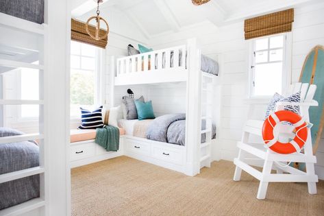 Kids' Coastal Bedroom With Bunk Beds, Lifeguard Chair | Fresh Faces of Design | HGTV Kids Coastal Bedroom, Custom Bunk Beds, Bunk Bed Plans, Modern Bunk Beds, Bunk Beds Built In, Coastal Bedroom Decorating, Coastal Bedding, Built In Bunks, Bunk Rooms