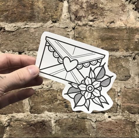 Traditional Tattoo Envelope, Love Letter Tattoo, Envelope Tattoo, Traditional Tattoo Outline, Gap Filler Tattoo, Sam King, King Tattoo, King Tattoos, Traditional Tattoo Sleeve