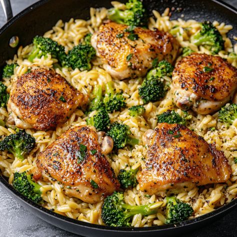 Skillet Chicken Thighs with Broccoli Cheddar Orzo - ToppinKitchen Half Baked Harvest Orzo Chicken, Chicken Orzo Skillet One Pot, Boneless Skinless Chicken Thigh Recipes Cast Iron Skillet, Low Calorie Chicken Thigh Recipe, Chicken Thigh Orzo Recipes, Sides For Chicken Thighs, Easy Skillet Chicken Thighs, Chicken Thigh Orzo, Orzo And Chicken Recipes