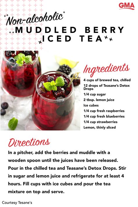 A muddled berry iced tea mocktail features fresh berries and iced tea and is perfect to serve at your next summer party. #drinks #summer #recipes Ice Chest Tea Recipe, Mixed Berry Drinks, Berry Iced Tea Recipe, Merry Berry Tea Cracker Barrel, Blueberry Iced Tea Recipes, Blueberry Tea Recipe Alcohol, Lipton Iced Tea Recipe, Berry Tea Recipe, Cracker Barrel Merry Berry Tea