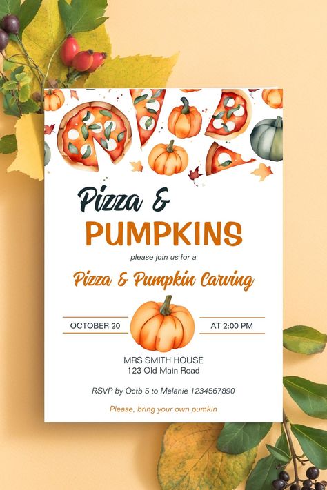 Pizza and pumpkin carving party template invitation digital download, watercolor pizza slices pumpkins Pumpkins And Pizza Party, Bring Your Own Pumpkin Party, Pumpkin Carving Invitations, Pizza And Pumpkin Carving Party, Pizza And Pumpkin Party, October Party Ideas, November Birthday Party, Pumpkin Carving Party Invitations, Fall Party Themes