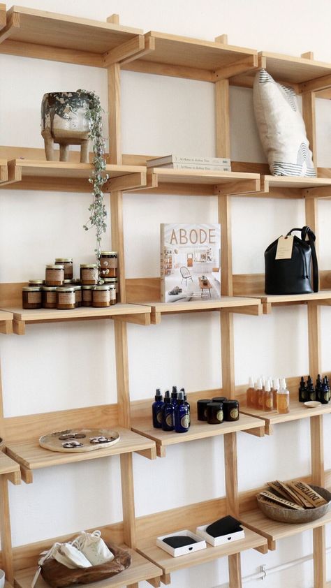 Wood Store Shelving, Wooden Retail Shelves, Retail Display Shelves Store Interiors, Coffee Retail Display, Retail Shelving Ideas, Product Display Shelves, Wall Retail Display, Product Display Shelf, Retail Product Display