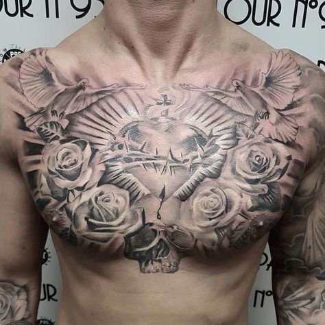 Juncha Tattoo, Best Chest Tattoos For Men, Tattoo Peito, Tattoo Healing Process, Full Chest Tattoos, Family Tattoos For Men, Sacred Heart Tattoos, Religious Tattoo, Cool Chest Tattoos