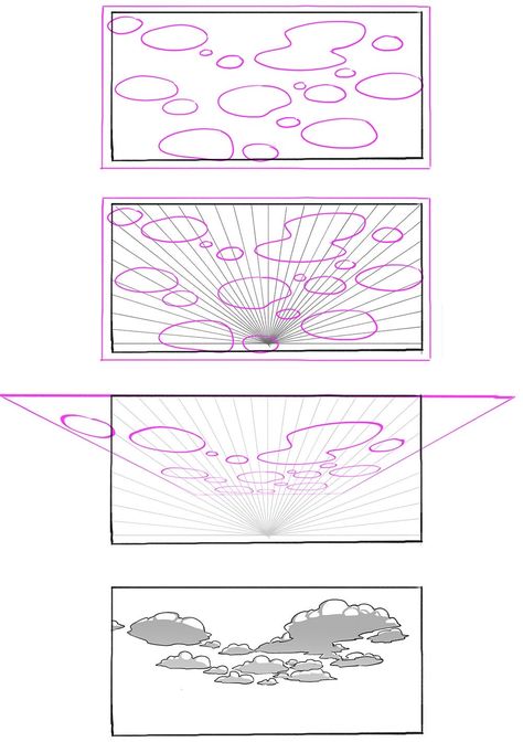 Clouds In Perspective, How To Draw The Sky, Simple Background Drawing Reference, Dark Sky Drawing, How To Draw Backgrounds, Drawing Backgrounds Ideas, Clouds Reference, Background Drawing Ideas, Sky Perspective