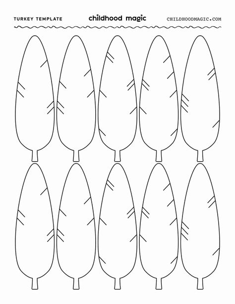 Turkey Template - Childhood Magic Simple Turkey Drawing, Feathers Template, Printable Turkey Template, Feather Clip Art, Feather Printable, Turkey Template, Feather Template, Thanksgiving Templates, Thanksgiving Turkey Craft