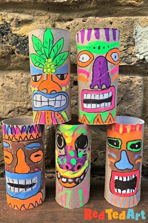 Toilet Paper Roll Tiki Mask Craft Tiki Mask Craft, Tiki Crafts, Mask Craft, Hawaii Themed Party, Hawaiian Crafts, Kids Toilet, Hawaii Theme, Red Ted Art, Hawaiian Party Decorations