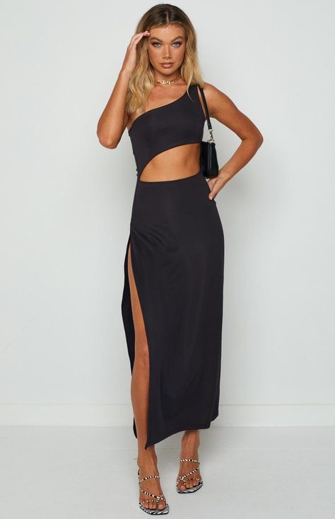 Summer Style Trends…. | The Thrill of the hunt Dress With One Leg Out, Black Maxi Skirt Set, One Shoulder Cut Out Dress, Black Dress With Gold Accessories, Outfit Casamiento, Black Cut Out Dress, Simple Heels, Black One Shoulder Dress, Cut Out Maxi Dress