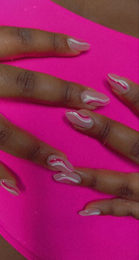 Pick Almond Nails, Pink Squiggle Nails, Pink Nail Designs Almond Shape, Glitter Swirl Nails, Pink Nails Almond Shape, Grade Nails, Shape Acrylic Nails, Medium Almond Nails, Nails Pink Acrylic