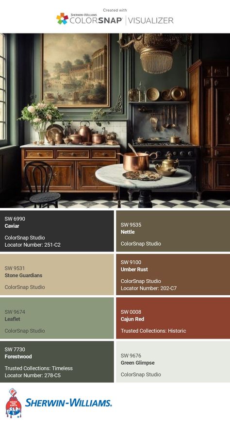 I just created this color palette with the Sherwin-Williams ColorSnap® Visualizer app on my Android phone. What do you think? You can learn more about ColorSnap Visualizer and get it on your phone free by visiting https://www.sherwin-williams.com/content/colorsnap.html. Bosc Pear Sherwin Williams, Black Walnut Color Palette, Moody Kitchen Color Palettes, Green And Brown Paint Palette, Tavern Color Palette, Dark Academia Aesthetic Sherwin Williams, Pallet Color Ideas, Dark Cottagecore Color Palette, Dark Academia Color Palette Green