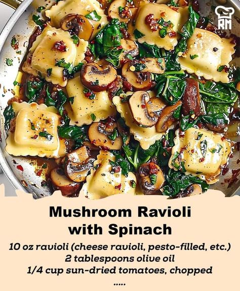 Easy Meatless Pasta, Spinach Mushroom Ravioli, Mushroom Ravioli Sauce, Ravioli Sauce Recipe, Ravioli With Spinach, Ravioli Recipe Homemade, Meatless Pasta, Spinach Ravioli, Night Dinner Recipes