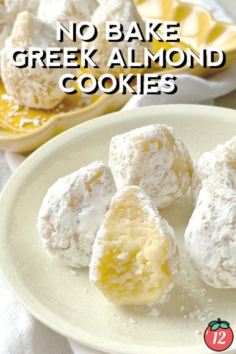 No Bake Greek Almond Cookies (Amygdalotas) | 12 Tomatoes Easy Mediterranean Dessert Recipes, Finikia Cookies, Mediterranean Desserts Recipes, Mediterranean Diet Sweets, Greek Cookies Recipes, Mediterranean Deserts, Cookies With Greek Yogurt, Mediterranean Diet Dessert Recipes, Greek Desserts Easy