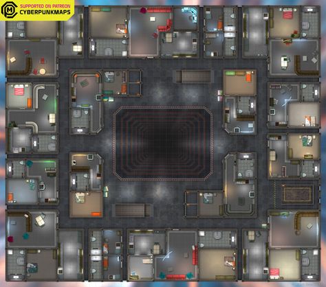 Which one of these would you like to live in??👀 🏠   #scifi #patreon #battlemap #starfinder #cyberpunk #bladerunnerRPG #cyberpunkRED #cyberpunk2020 Cyberpunk Warehouse Battlemap, Cyberpunk Map, Cyberpunk Office, World Trigger, Cyberpunk 2020, Cyberpunk Rpg, Unique Maps, Modern Map, Pokemon Funny