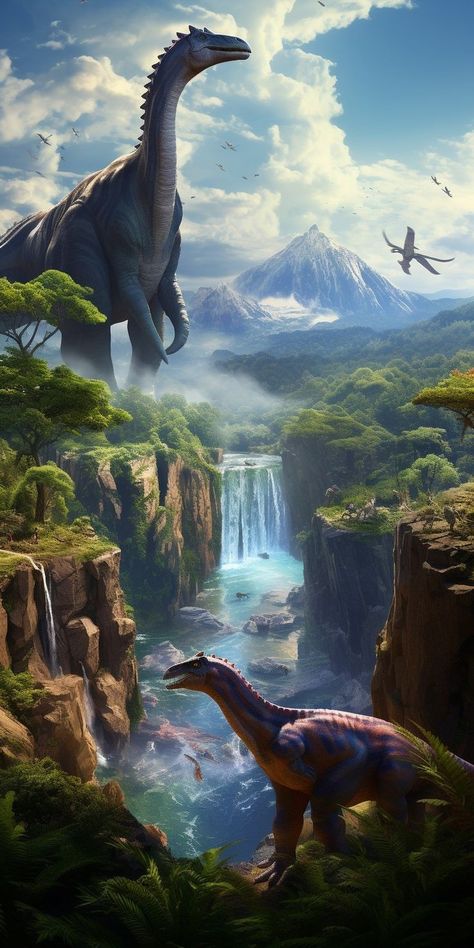 Wallpaper Dinosaurus, Dinosaur Concept Art, Dinosaur Landscape, Kartu Pokemon, Dinosaur Wallpaper, Dinosaur Images, Dinosaur Pictures, Acrylic Wall Decor, Prehistoric World