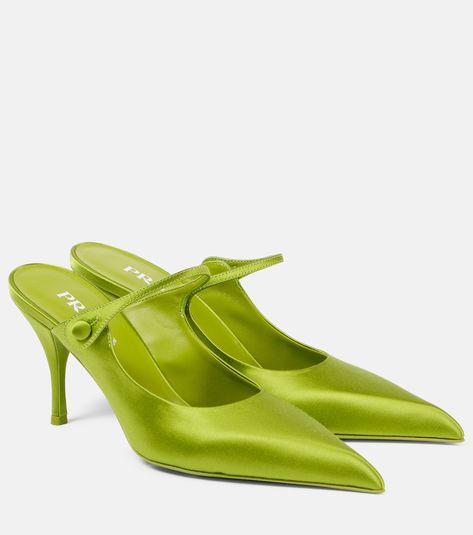 85 satin mules in green - Prada | Mytheresa Prada Heels, Mid Heels Pumps, Prada Designer, Prada Shoes, Mid Heel, Pump Shoes, Pumps Heels, Leather Shoulder Bag, Random Stuff