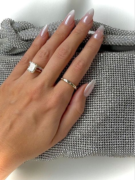 French Ombre Pearl Nails, Glazed French Ombre Nails, Ombré Pearl Nails, White Chrome Bridal Nails, Ombre French Nails Chrome, Ombré French Tip With Chrome, Blended French Tip Nails Almond, Chrome French Tip Nails By Skin Tone Range, Pearl Chrome Ombre Nails