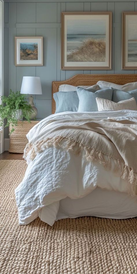 How To: Coastal Bedrooms Decor | Shine Rugs Warm Blue Bedroom, Blue And Gray Decor, Soft Blue Bedroom, Blue Guest Room, Neutral Coastal Bedroom, Neutral Bedroom Paint, Costal Bedroom, Coastal Cottage Style, Coastal Bedroom Decorating