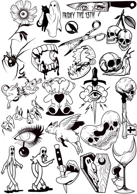 Gore Flash Tattoo, Friday 13th Tattoo Flash Sheet Black, Patchwork Shin Tattoo, Behind Ear Tattoo Halloween, Horror Movie Flash Sheet, Dark Tattoo Flash Sheet, Horror Tattoos Patchwork, Simple Ghost Face Tattoo, Easy Halloween Tattoo Ideas