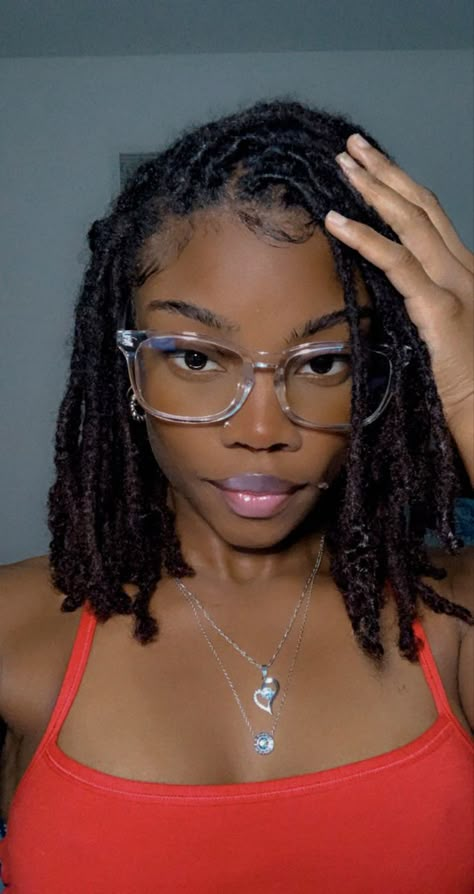 Locs And Glasses, Medium Locs Black Women, Faux Locs Short, Shoulder Length Locs, Short Faux Locs, Loc Goddess, Beautiful Locs, Beautiful Dreadlocks, Protective Hairstyles For Natural Hair