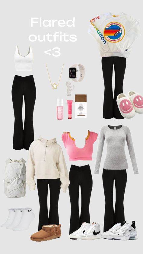 Simple Outfits For School Leggings, Flare Bottom Leggings Outfit, Preppy Flare Pants, Flare Legging Outfits Summer, Flare Leggings Outfit School, Outfits To Wear With Flare Leggings, Things To Wear With Flared Leggings, Outfits With Flair Leggings, Outfits With Bell Bottom Leggings