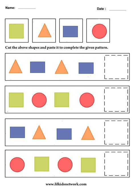 Free Printable Shapes Worksheets For Toddlers And Kindergarten Math Patterns, Ab Pattern Worksheet, Preschool Pattern Worksheets, Pattern Worksheets For Kindergarten, Patterning Kindergarten, Preschool Patterns, Pre K Worksheets, Shapes Worksheet Kindergarten, Ab Patterns