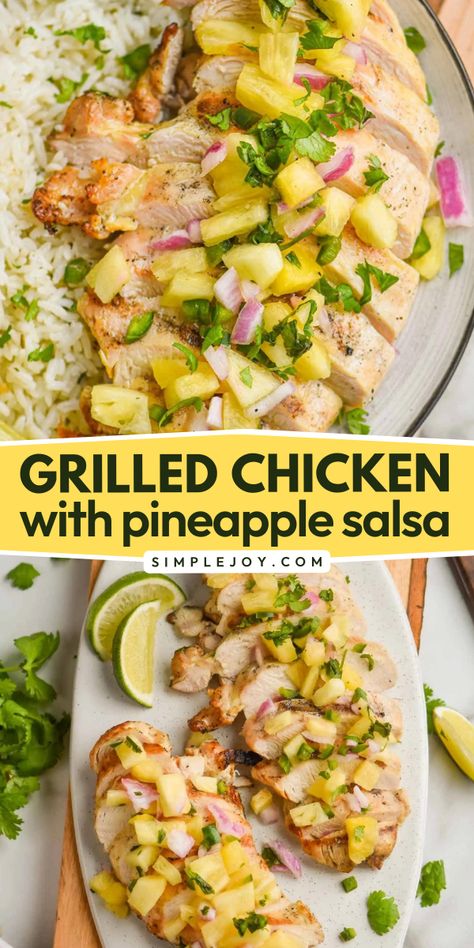 Add some tropical flair to your summer with this Grilled Chicken with Pineapple Salsa recipe! Perfect for easy meals for Father's Day, 4th of July food, and summer grilling menus, this dish features marinated chicken topped with fresh pineapple salsa. A delightful combination everybody will love! Grilled Chicken With Pineapple Salsa, Grilled Chicken With Pineapple, 4th Of July Chicken, Chicken With Pineapple Salsa, Easy Summer Grilling Recipes, Chicken With Pineapple, Grilled Pineapple Chicken, 4th Of July Food, Pineapple Salsa Recipe