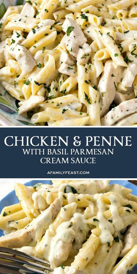 Chicken & Penne with Basil Parmesan Cream Sauce - A Family Feast® Pasta With Basil Cream Sauce, Chicken Pasta With Cream Sauce, Basil Cream Sauce Pasta, Things To Make With Basil, Basil Parmesan Pasta, Smoked Chicken Pasta, Chicken Basil Pasta, Family Feast Recipes, Basil Cream Sauce