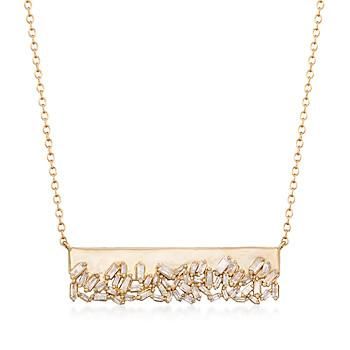 Ross-Simons - .59 ct. t.w. Baguette Diamond Bar Necklace in 14kt Yellow Gold - #870456 Delicate Jewellery, Diamond Bar Necklace, Buying Gold, Precious Gemstones Jewelry, Mangalsutra Designs, Fashion Pendant, Rings Rings, Business Dress, Diamond Bar