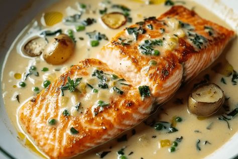 Creamy Salmon Piccata with Lemon and Capers – Valentina Recipes Salmon With Capers Recipe, Lemon Caper Cream Sauce, Caper Cream Sauce, Exquisite Recipes, Salmon With Cream Sauce, Salmon Piccata, Salmon Dinner Recipes, Creamy Salmon, Capers Recipe