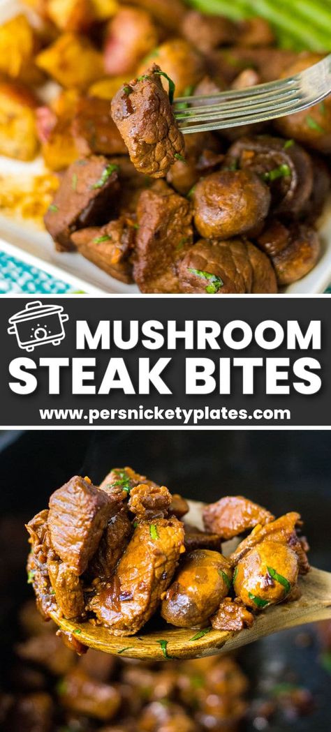 A few simple ingredients and just 10 minutes of prep time make these slow cooker mushroom steak bites a big hit! Slow cooked until fall-apart tender, the perfectly seasoned steak tips are soaked in a beef flavored au jus that can just as easily be thickened into a gravy. Serve with egg noodles or mashed potatoes for a comforting meal everyone will love coming home to. Slow Cooker Steak Bites Crock Pot, Slow Cooker Steak And Mushrooms, Crockpot Steak Bites With Mushrooms, Steak And Mushrooms Crockpot, Mushroom Steak Bites, Seasoned Steak, Mushroom Steak, Persnickety Plates, Slow Cooker Steak