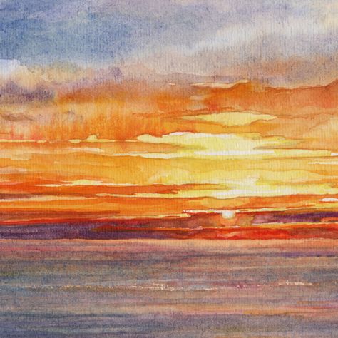 CLASSIC SUNSET detail, watercolor by Thomas A Needham Watercolour Beach Sunset, Sunset Beach Watercolor Painting, Watercolor Ocean Sunset, Watercolor Art Landscape Sunsets, Watercolor Sunset Paintings, Colored Pencil Sunset, Watercolour Sunrise, Watercolor Art Sunset, Watercolour Skies