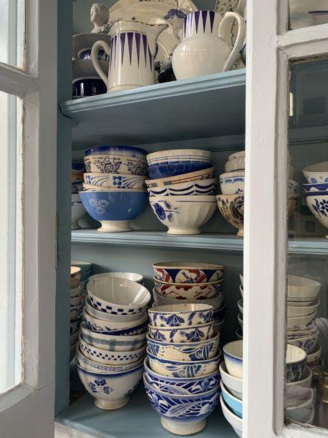 Kitchen of the Week: A Blue Kitchen in Amsterdam, Collections Included - Remodelista Italian Kitchen Ideas, French Blue Kitchen, Amsterdam Home, Dutch Kitchen, Blue Cafe, Double Glass Doors, European Kitchens, Blue Dishes, Wooden Counter