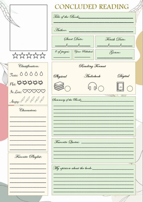 Digital Bullet Journal Template, Bullet Journal Template, Reading Journal Printable, Book Review Journal, Book Tabs, Book Review Template, Digital Bullet Journal, Book Reading Journal, Bullet Journal Mood Tracker Ideas