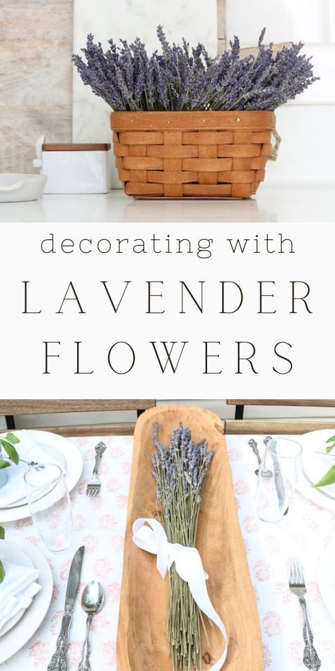 Imagine walking into a room filled with the calming scent of lavender. Your eyes are drawn to the beautiful pops of purple throughout the space, creating a warm, inviting atmosphere. Whether you're planning a wedding, updating your home decor, or dreaming up a seasonal centerpiece, decorating with lavender flowers is the perfect touch! From fresh, dried, or faux lavender, to centerpieces, wall decor, & printable art, we've got stunning shabby chic and rustic country ideas to inspire your design. Decorating With Lavender, Lavender Room Decor, Lavender Wall Decor, Lavender Centerpieces, Kitchen Decor Trends, Elegant Bathroom Ideas, Potted Lavender, Lavender Uses, Lavender Room