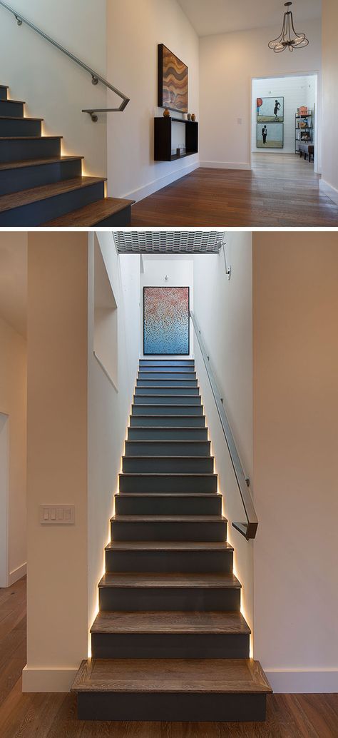 Dark wood stairs lead to the upper floor of this modern house. Hidden lighting runs along either side of the stair treads, highlighting the design. #Stairs #Lighting #WoodStairs Stairs With Walls On Both Sides, Trends Illustration, Lighting Stairs, California Farmhouse, Staircase Lighting Ideas, Stairs Lighting, Design Stairs, Desserts Drawing, Stair Makeover