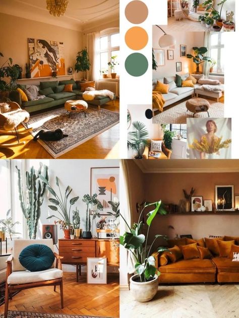 Home Decor Ideas Colourful, Olive Green Color Palette Living Room, Green Orange Interior Design, Boho Modern Living Room Ideas, Green Terracotta Living Room, Green And Terracotta Living Room, Living Room Warm Tones, Cheap Couches, Terracotta Living Room