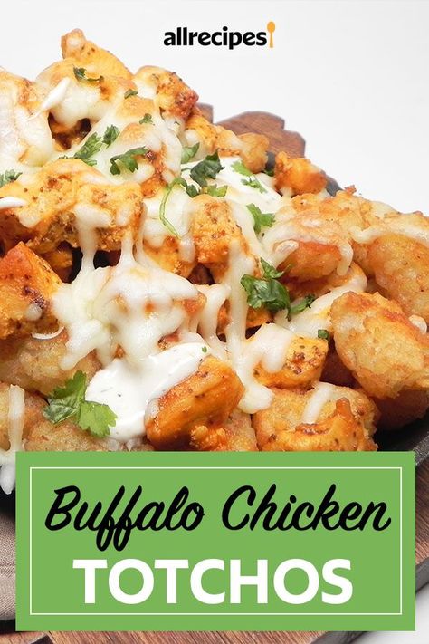 Buffalo Chicken Totchos, Chicken Totchos, Buffalo Chicken Cups, Totchos Recipe, Nachos Cheese Recipe, Tater Tot Nachos, Buffalo Chicken Bites, Chicken And Cheese, Buffalo Wing