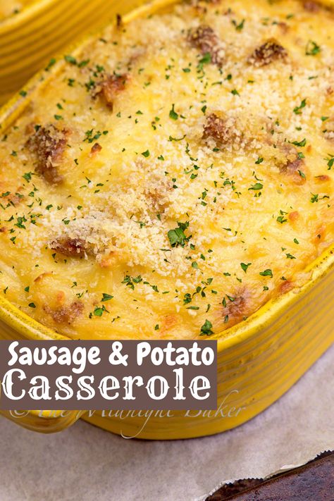 Easy, Cheesy Sausage and Potato Casserole is a quick weeknight dinner recipe Cheesy Smoked Sausage Casserole, Sausage Potato Casserole Oven, Smoked Sausage And Mashed Potatoes, Potatoe Sausage Recipes, Sausage And Mashed Potatoes Recipes, Creamy Sausage And Potato Casserole, Italian Sausage Potato Casserole, Potatoes And Sausage Recipes, Scalloped Potatoes And Sausage