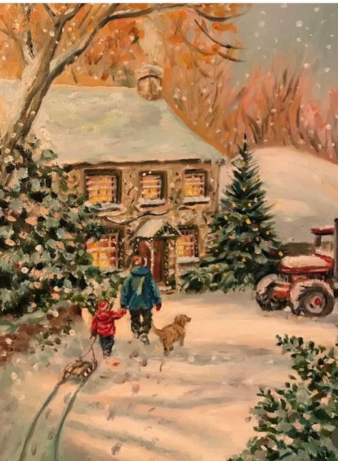 Cozy Christmas Artwork, Cosy Winter Illustration, Old Christmas Paintings, Vintage Christmas Widgets, 1800s Christmas, Countryside Christmas, Cozy Animals, Merry Christmas Day, Christmas Truce