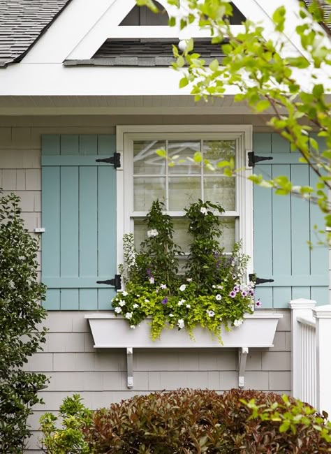 Shutters: Benjamin Moore Azure Water 677; House: La Paloma Gray 1551 Shutters And Window Boxes, Beach Cottage Exterior, House Shutters, House Of Turquoise, Classic Cottage, Pintura Exterior, Cottage Exterior, Favorite Paint Colors, Style Cottage