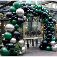 Green And Black Balloon Arch, Green And Silver Balloons, Black Silver Balloon Garland, Emerald Green Balloons, Silver Balloon Arch, Silver Balloon Garland, 18th Birthday Party Themes, Silver Balloons, Filled Balloons